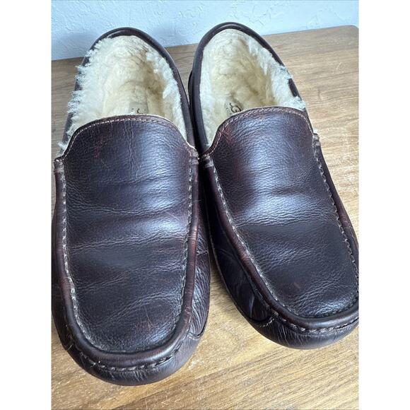 UGG Ascot Slippers Brown Leather Men's Size 9 Slip On Moc Toe Driving Heel GUC - Picture 12 of 14